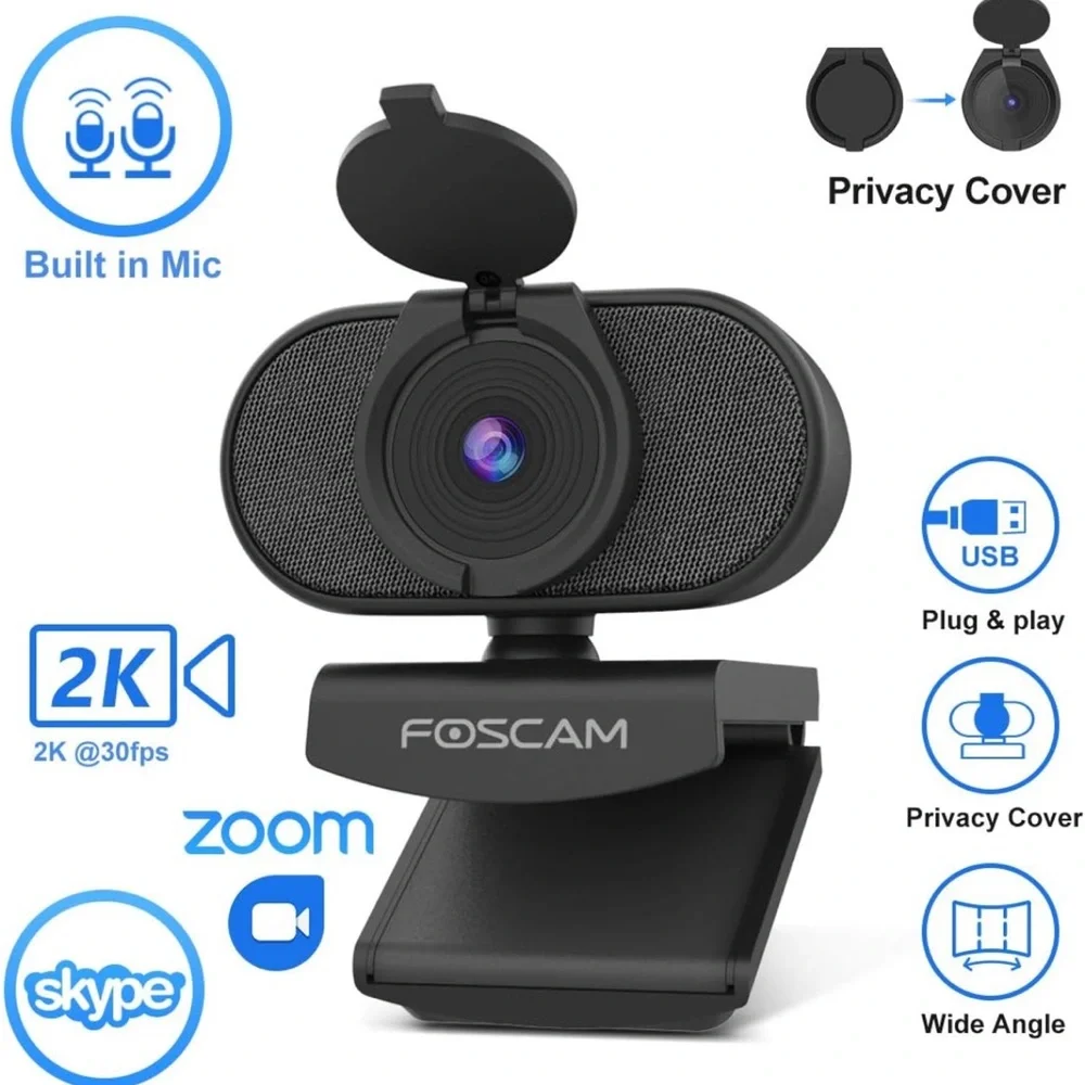 Foscam 2K 4MP Webcam with Dual Noise Reduction Microphones